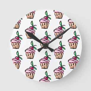 Sweet girly pink cupcake cake candy cherry pattern round clock