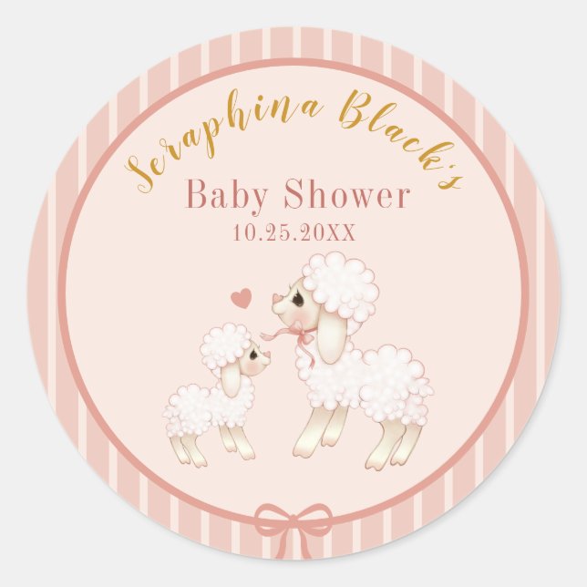Sweet Girly Pink Lamb Baby Shower Classic Round Sticker (Front)