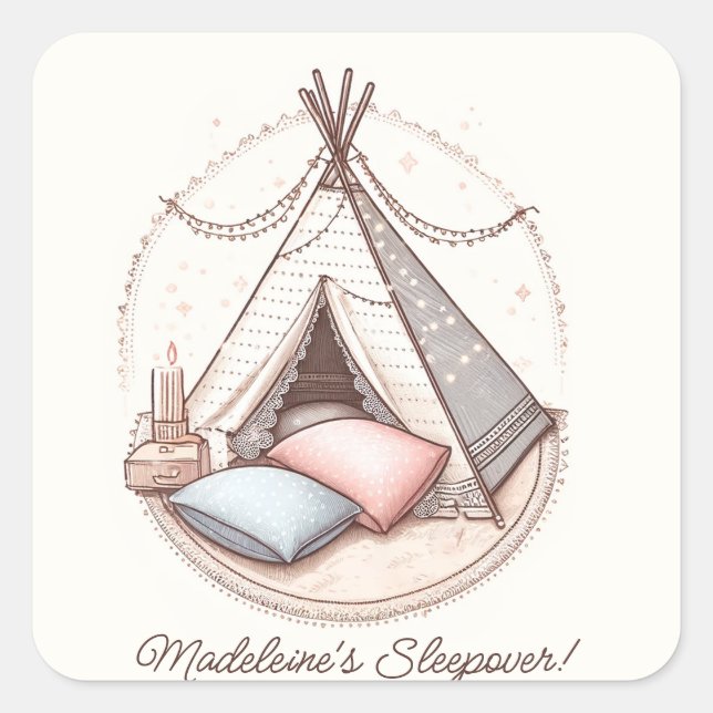 Sweet Girly Teepee Sleepover Party Birthday Square Sticker (Front)