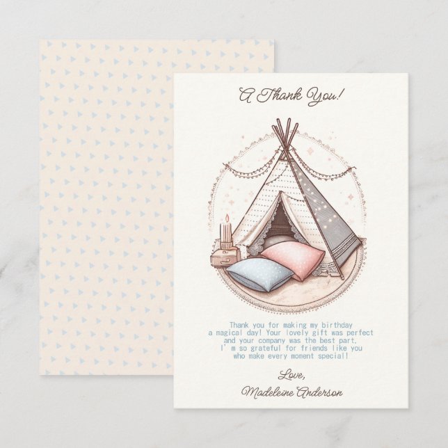 Sweet Girly Teepee Sleepover Party Birthday Thank You Card (Front/Back)