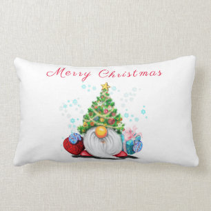 Sweet Gnome with Christmas Tree Hat and Gift Lumbar Cushion