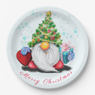 Sweet Gnome with Christmas Tree Hat and Gift Paper Plate
