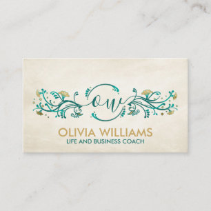 Sweet Gold and Teal Floral Swirl Monogram Business Card