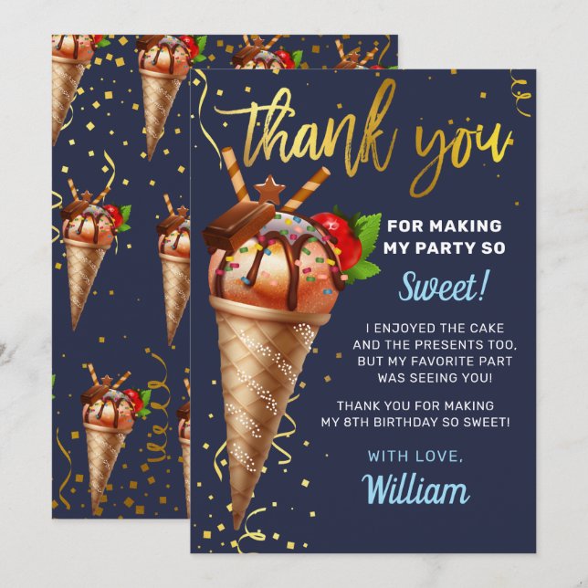 Sweet Gold Chocolate Ice Cream Birthday Navy Blue Thank You Card (Front/Back)