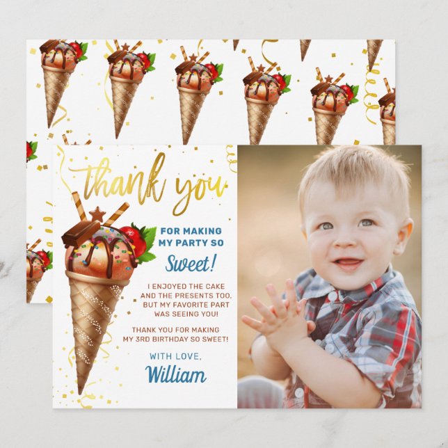 Sweet Gold Chocolate Ice Cream Birthday Photo Thank You Card (Front/Back)