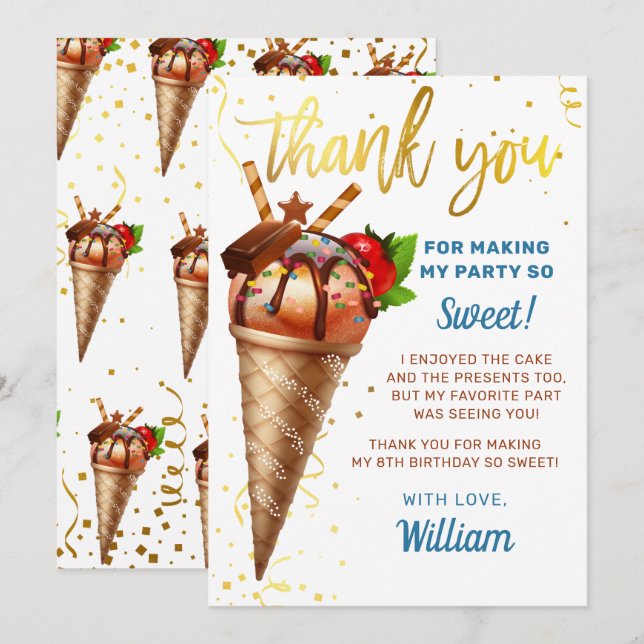 Sweet Gold Chocolate Ice Cream Birthday Thank You Card (Front/Back)