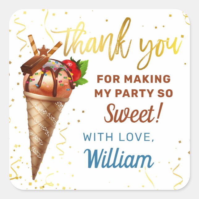 Sweet Gold Chocolate Ice Cream Birthday Thank You Square Sticker (Front)