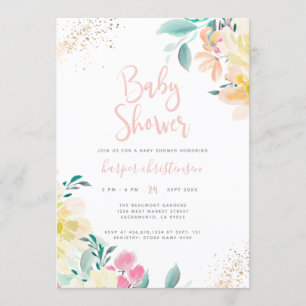 Sweet Gold Glitter Blush Pink Floral Baby Shower Invitation
