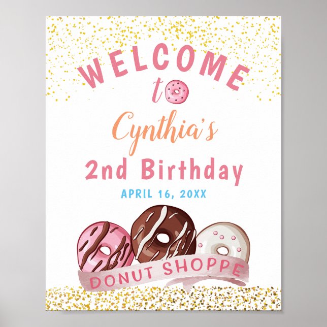Sweet Gold Glitter Donut Birthday Party  Welcome Poster (Front)