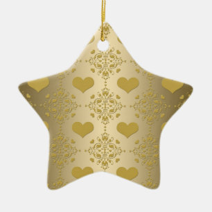 Sweet Gold Hearts Damask Pattern Ceramic Tree Decoration