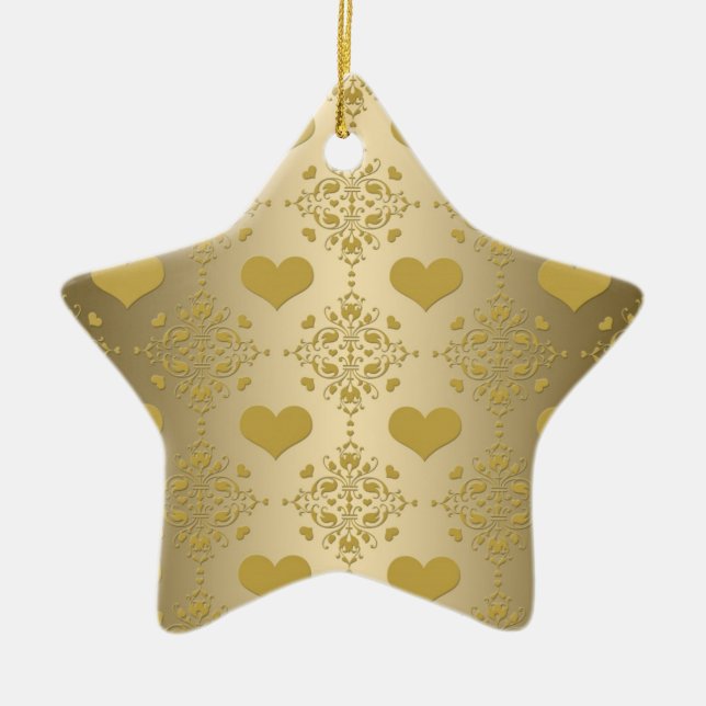 Sweet Gold Hearts Damask Pattern Ceramic Tree Decoration (Front)