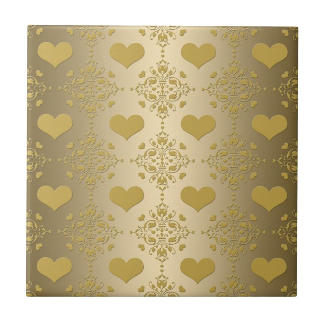 Sweet Gold Hearts Damask Pattern Tile (Front)