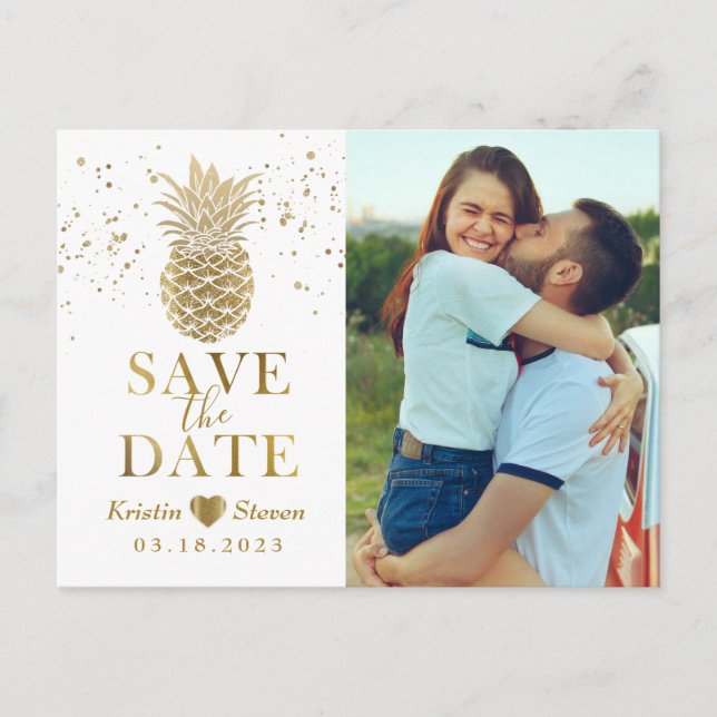 Sweet Gold Pineapple Photo Save the Date Postcard (Front)