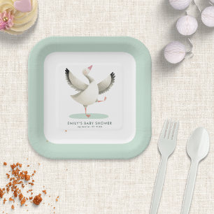 Sweet Goose Illustration Name Baby Shower  Paper Plate