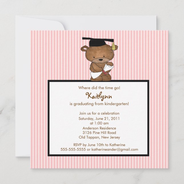 Sweet Grad Bear Kindergarten Graduation Invitation (Front)