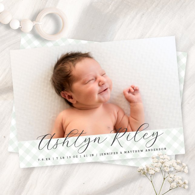 Sweet Green Gingham Pattern Birth Announcement (Creator Uploaded)