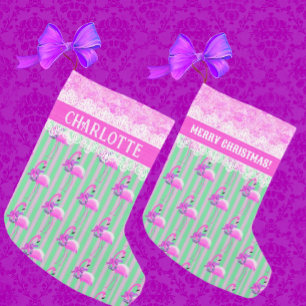 Sweet Green Purple Pink Flamingo Customised Small Christmas Stocking