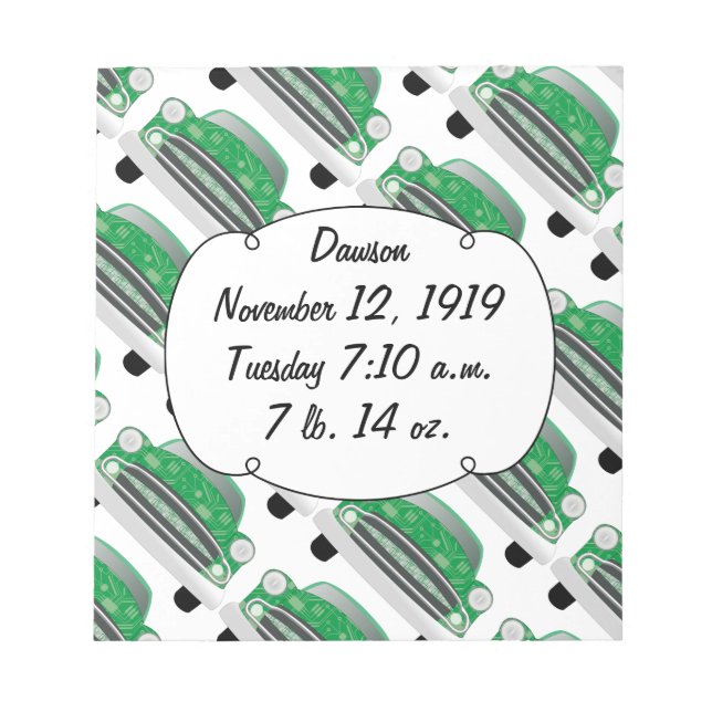 Sweet Green Retro Car Baby Shower Gifts Notepad (Front)