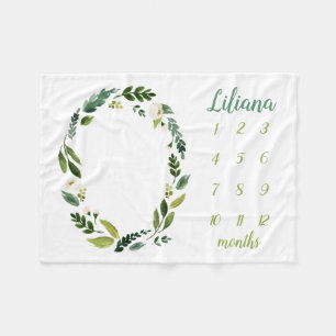 Sweet Greenery Baby Name Monthly Milestone Photo Fleece Blanket