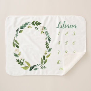 Sweet Greenery Baby Name Monthly Milestone Photo Sherpa Blanket