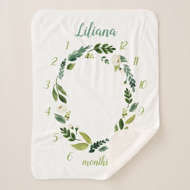 Sweet Greenery Baby Name Monthly Milestone Photo Sherpa Blanket (Front)