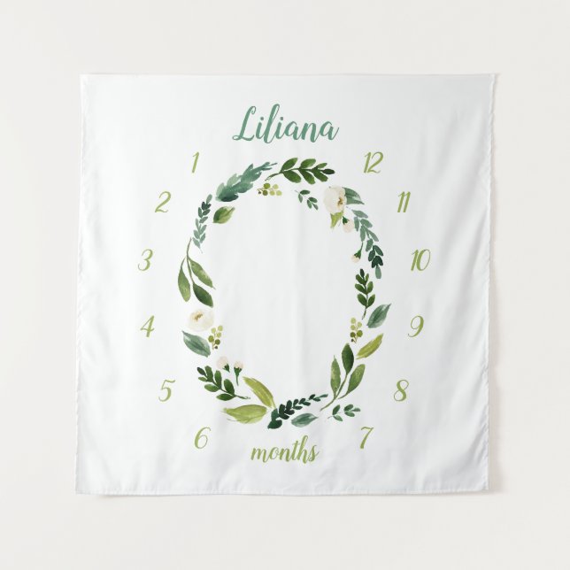 Sweet Greenery Baby Name Monthly Milestone Photo Tapestry (Front)