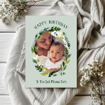 Sweet Greenery Birthday Photo Card for Mom<br><div class="desc">Affordable custom printed birthday photo cards. This sweet design features a painted botanical wreath of simple greenery leaves and flowers framing your photo. Add 3 more photos on the inside photo collage layout along with your custom Happy Birthday message. Use the design tools to customize text fonts and colors to...</div>