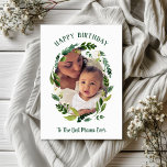 Sweet Greenery Birthday Photo Card for Mum<br><div class="desc">Affordable custom printed birthday photo cards. This sweet design features a painted botanical wreath of simple greenery leaves and flowers framing your photo. Add 3 more photos on the inside photo collage layout along with your custom Happy Birthday message. Use the design tools to customise text fonts and colours to...</div>