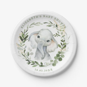 Sweet Greenery Gold Jungle Elephant Baby Shower Paper Plate