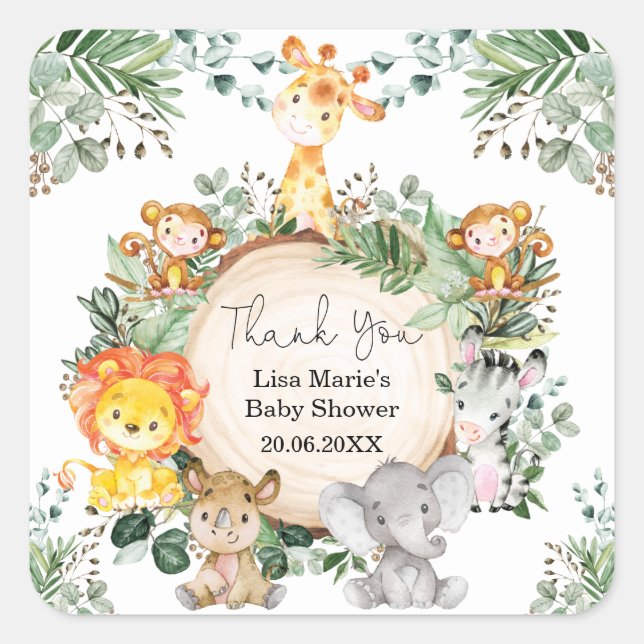Sweet Greenery Safari Wild Baby Animals Favors Square Sticker (Front)