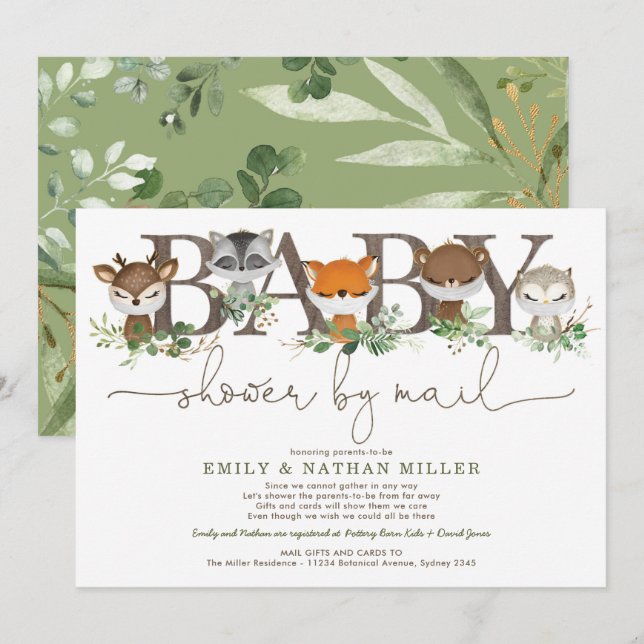 Sweet Greenery Woodland Forest Baby Shower By Mail Invitation (Front/Back)