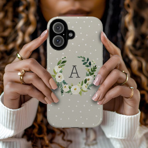 Sweet Greenery Wreath and Greige Dots Monogram iPhone 16 Case