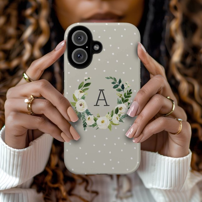 Sweet Greenery Wreath and Greige Dots Monogram Case-Mate iPhone Case (Creator Uploaded)