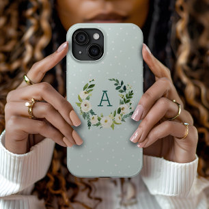 Sweet Greenery Wreath and Mint Dots Monogram iPhone 15 Case