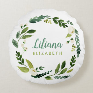 Sweet Greenery Wreath Baby Name Monogram Round Cushion