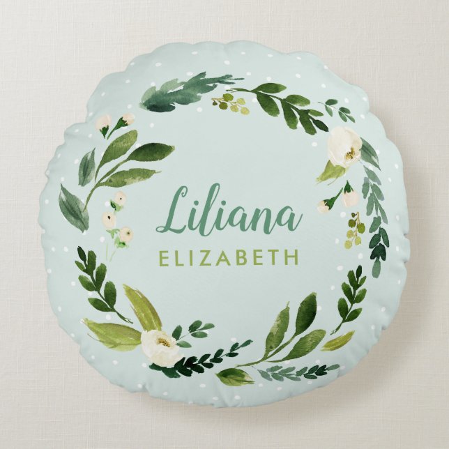 Sweet Greenery Wreath Baby Name Monogram Round Cushion (Front)