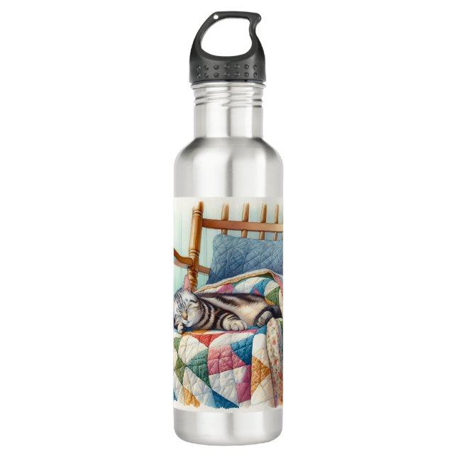 Sweet Grey Cat Sleeping on a Quilt 710 Ml Water Bottle (Front)