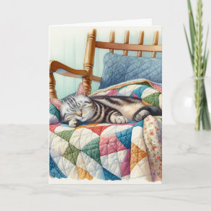 Sweet Grey Cat Sleeping on a Quilt Card