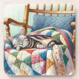 Sweet Grey Cat Sleeping on a Quilt Coaster