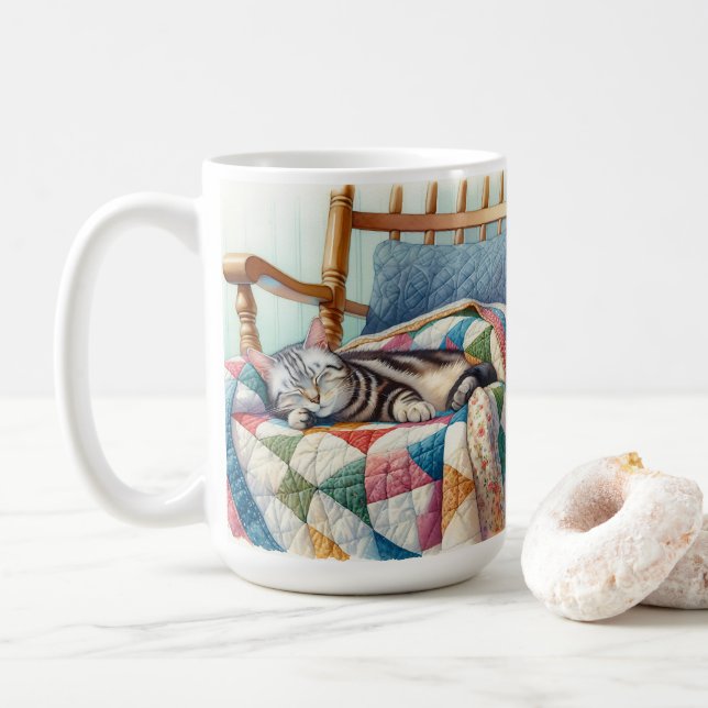 Sweet Grey Cat Sleeping on a Quilt Coffee Mug (With Donut)