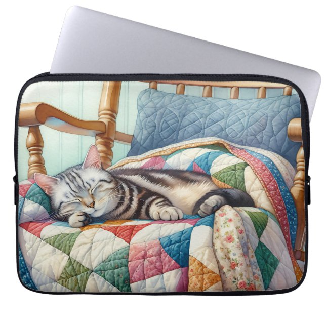 Sweet Grey Cat Sleeping on a Quilt Laptop Sleeve (Front)