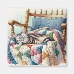 Sweet Grey Cat Sleeping on a Quilt Magnet