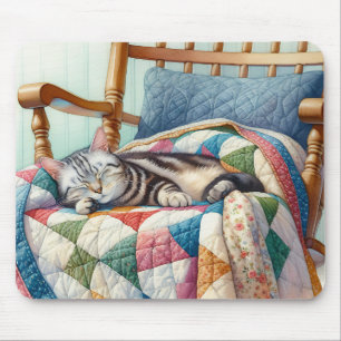 Sweet Grey Cat Sleeping on a Quilt Mouse Mat