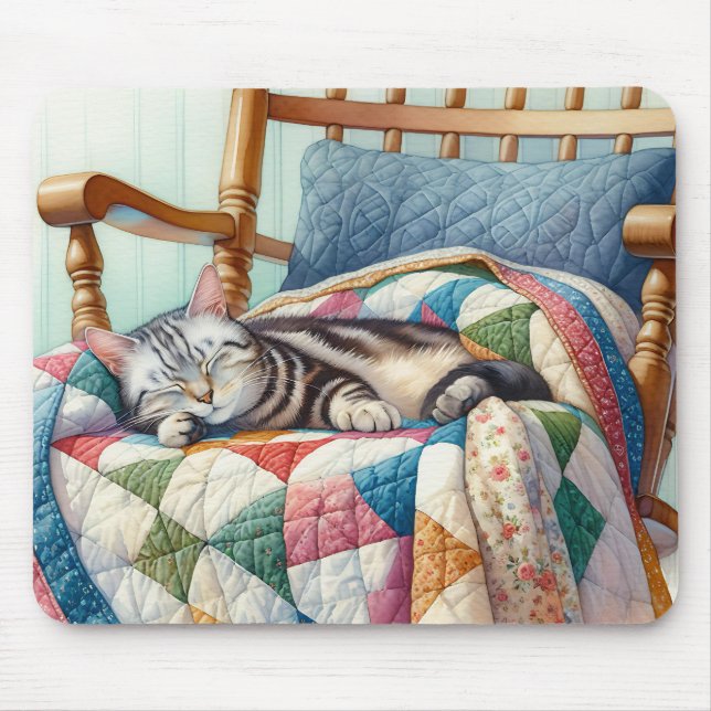 Sweet Grey Cat Sleeping on a Quilt Mouse Mat (Front)