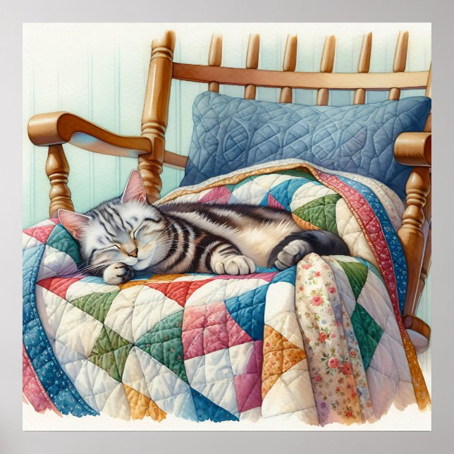 Sweet Grey Cat Sleeping on a Quilt Poster (Front)