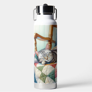Sweet Grey Cat Sleeping on a Quilt Water Bottle