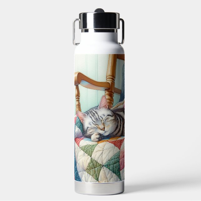 Sweet Grey Cat Sleeping on a Quilt Water Bottle (Front)