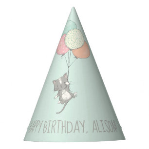 Sweet Grey Cat with Balloons Birthday Party Hat
