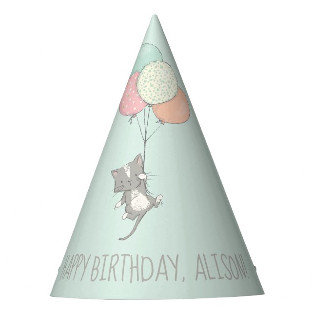 Sweet Grey Cat with Balloons Birthday Party Hat (Front)