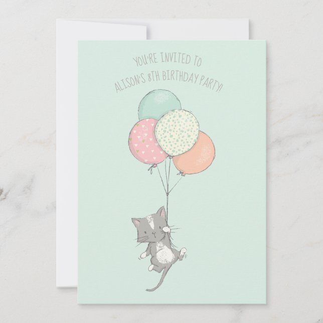 Sweet Grey Cat with Balloons Birthday Party Invitation (Front)